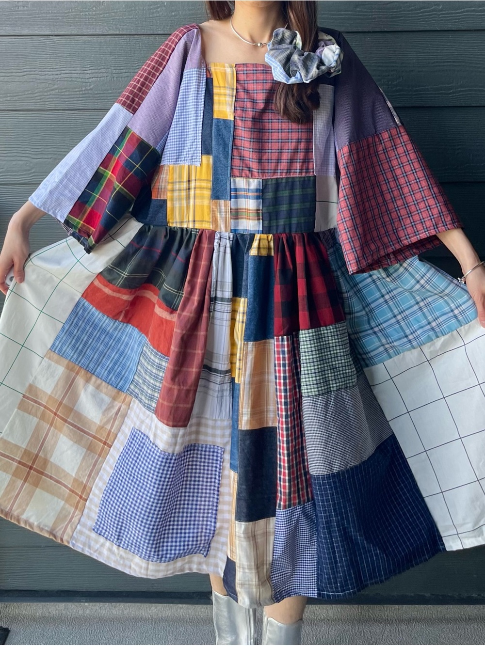 Handmade Quilted Patchwork Plaid Dress SKU 06155 With Matching Scrunchies - Picture 8 of 16